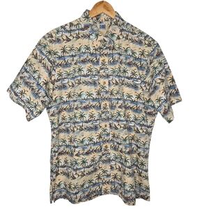 KAHALA Hawaiian Islands Men Palm Tree Fish Print Short Sleeve Button Shirt Large